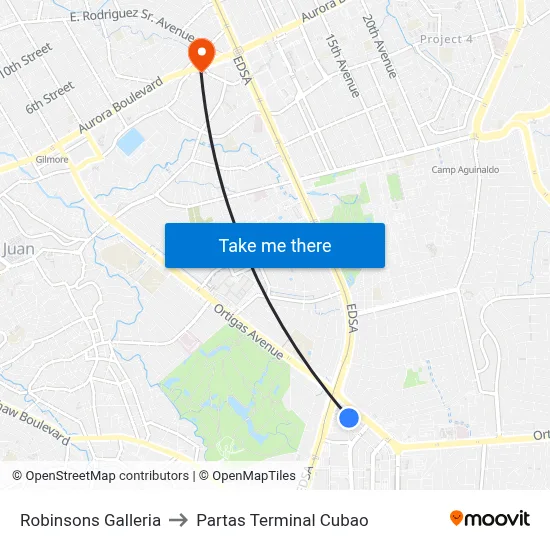 Robinsons Galleria to Partas Terminal Cubao map
