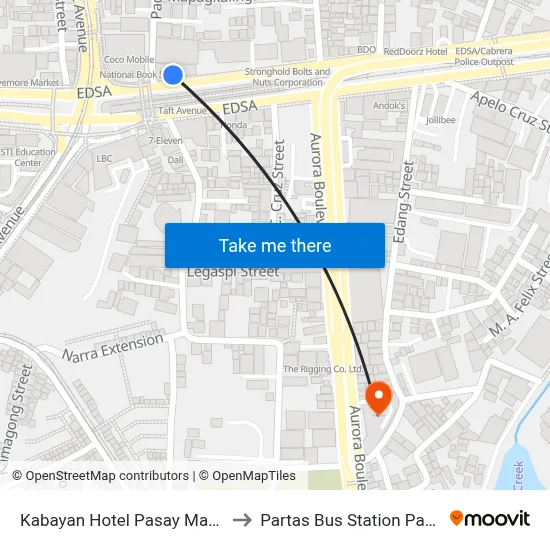 Kabayan Hotel Pasay Manila to Partas Bus Station Pasay map