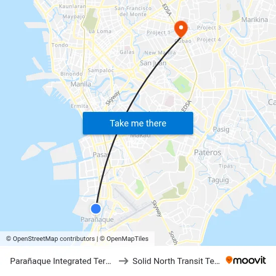 Parañaque Integrated Terminal Exchange to Solid North Transit Terminal Cubao map