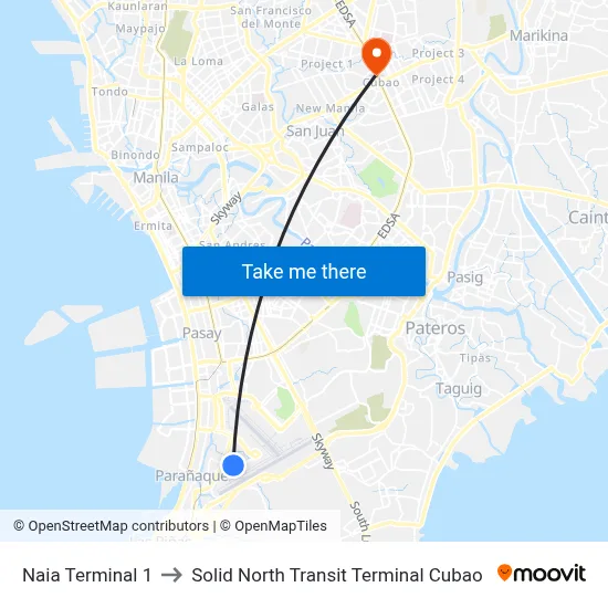 Naia Terminal 1 to Solid North Transit Terminal Cubao map