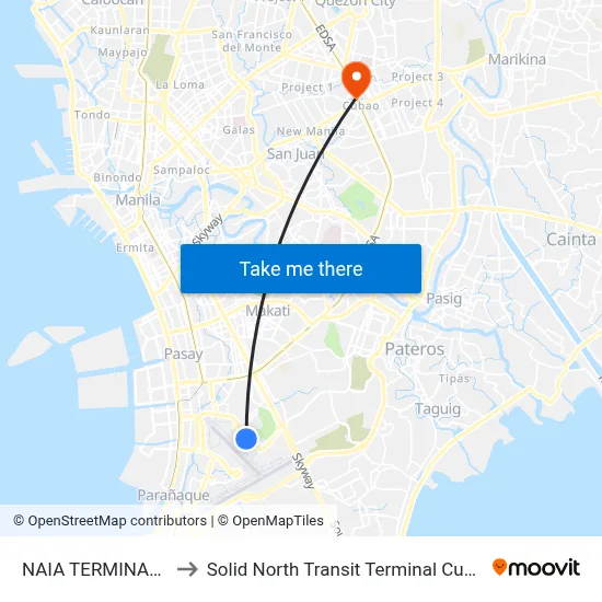 NAIA TERMINAL 3 to Solid North Transit Terminal Cubao map