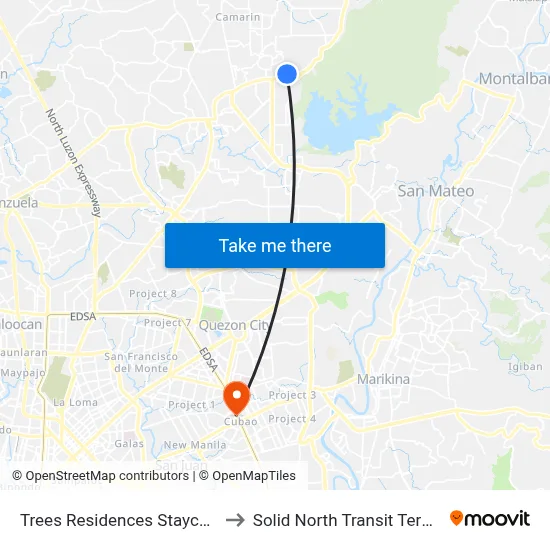Trees Residences Staycation, Manila to Solid North Transit Terminal Cubao map