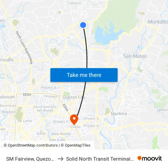 SM Fairview, Quezon City to Solid North Transit Terminal Cubao map