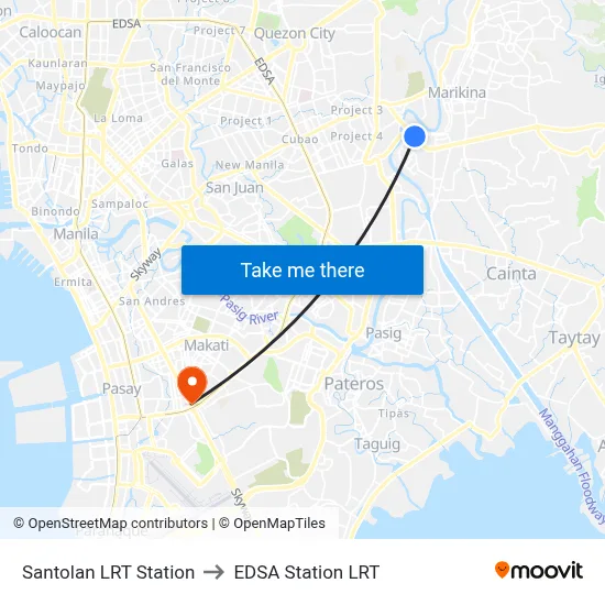 Santolan LRT Station to EDSA Station LRT map