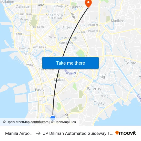 Manila Airport MNL to UP Diliman Automated Guideway Transit System map