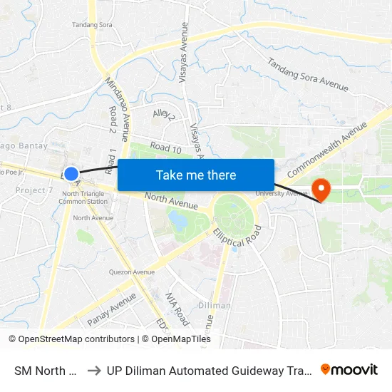 SM North EDSA to UP Diliman Automated Guideway Transit System map