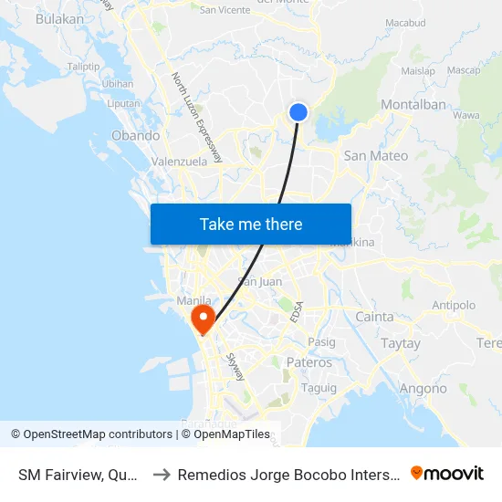 SM Fairview, Quezon City to Remedios Jorge Bocobo Intersection Manila map