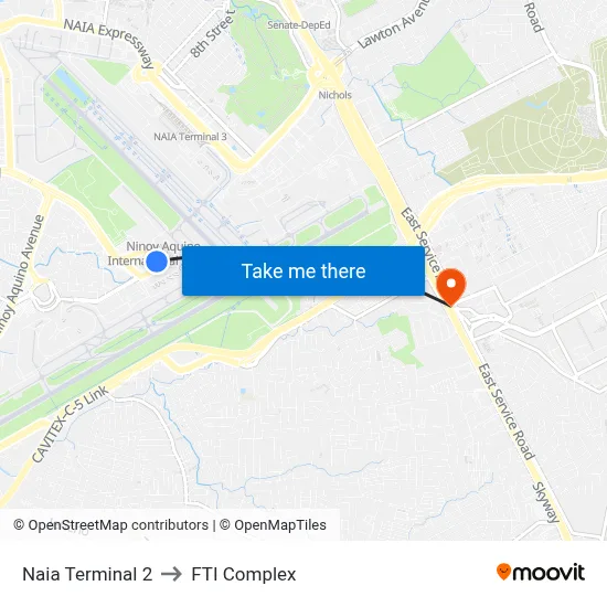 Naia Terminal 2 to FTI Complex map