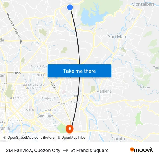 SM Fairview, Quezon City to St Francis Square map