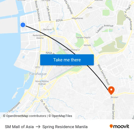 SM Mall of Asia to Spring Residence Manila map