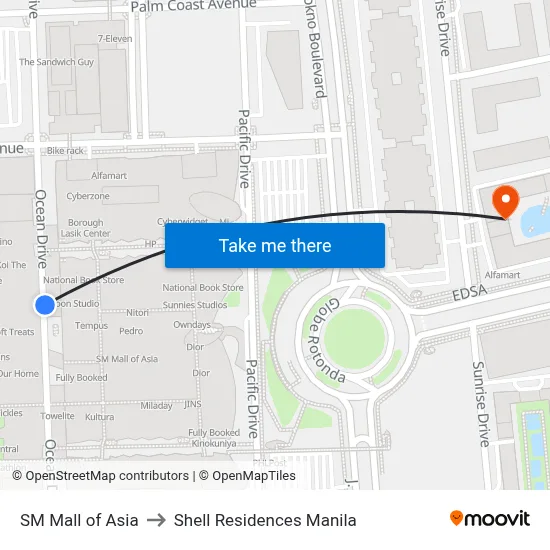 SM Mall of Asia to Shell Residences Manila map