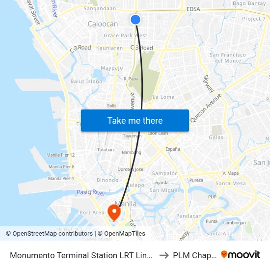 Monumento Terminal Station LRT Line 1 to PLM Chapel map