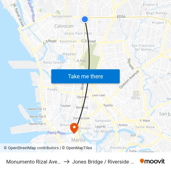 Monumento Rizal Avenue Caloocan City to Jones Bridge / Riverside Dr Intersection, Manila map