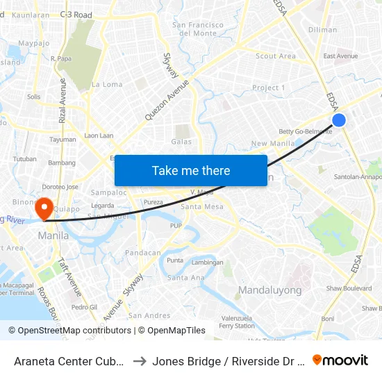 Araneta Center Cubao Station MRT to Jones Bridge / Riverside Dr Intersection, Manila map