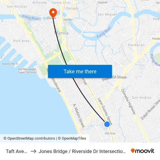 Taft Avenue to Jones Bridge / Riverside Dr Intersection, Manila map