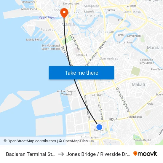 Baclaran Terminal Station LRT Line 1 to Jones Bridge / Riverside Dr Intersection, Manila map