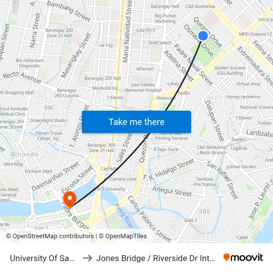 University Of Santo Tomas to Jones Bridge / Riverside Dr Intersection, Manila map