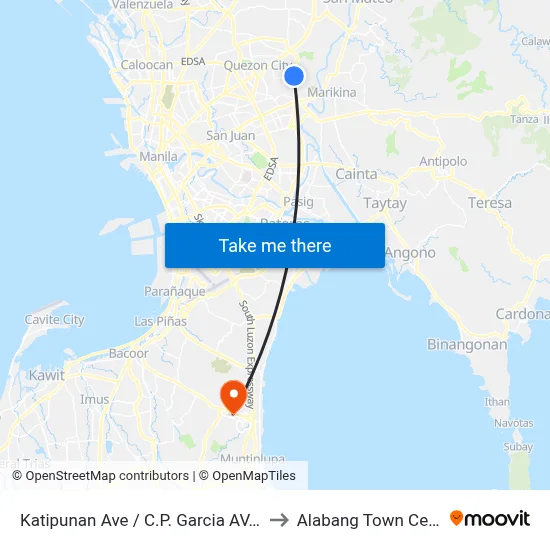 Katipunan Ave / C.P. Garcia AV, Quezon City, Manila to Alabang Town Center Terminal map