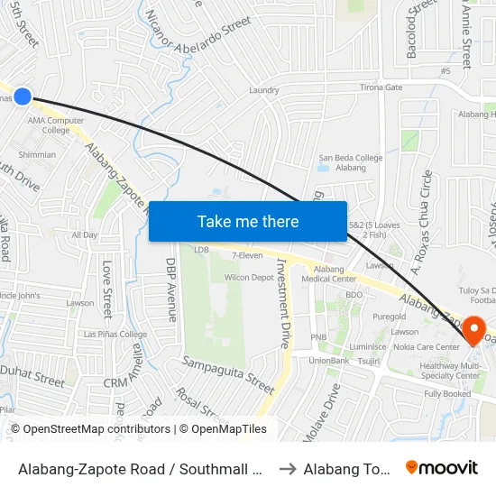 Alabang-Zapote Road / Southmall Access Rd Intersection, Muntinlupa City, Manila to Alabang Town Center Terminal map
