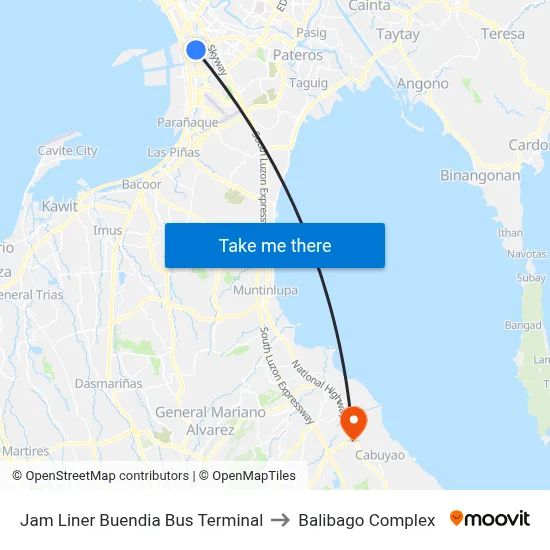 Jam Liner Buendia Bus Terminal to Balibago Complex map