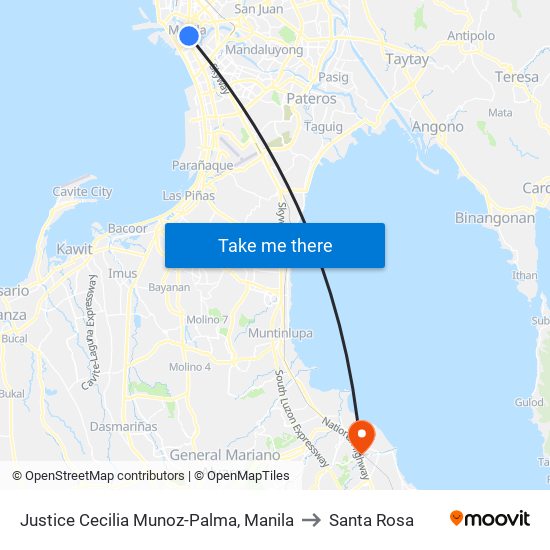 Justice Cecilia Munoz-Palma, Manila to Santa Rosa map