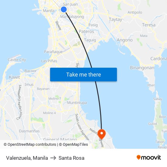 Valenzuela, Manila to Santa Rosa map