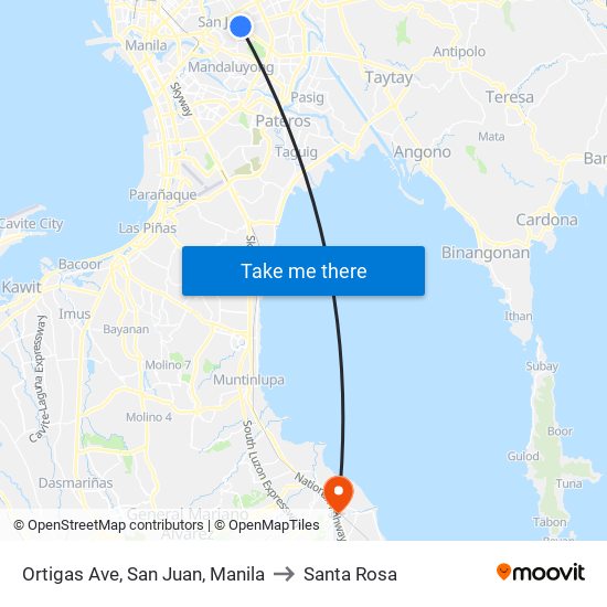 Ortigas Ave, San Juan, Manila to Santa Rosa map