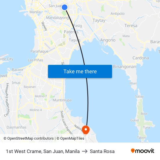 1st West Crame, San Juan, Manila to Santa Rosa map