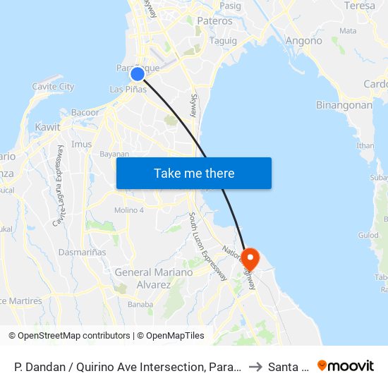 P. Dandan / Quirino Ave Intersection, Parañaque City, Manila to Santa Rosa map