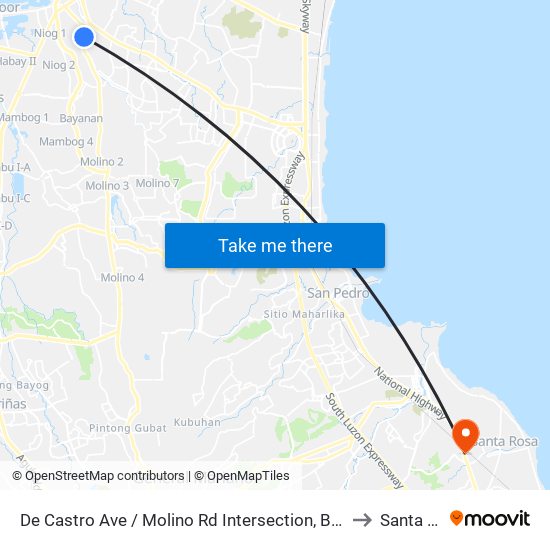 De Castro Ave / Molino Rd Intersection, Bacoor City, Manila to Santa Rosa map