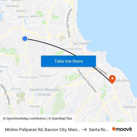 Molino-Paliparan Rd, Bacoor City, Manila to Santa Rosa map