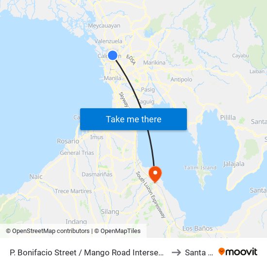 P. Bonifacio Street / Mango Road Intersection,  Malabon City to Santa Rosa map