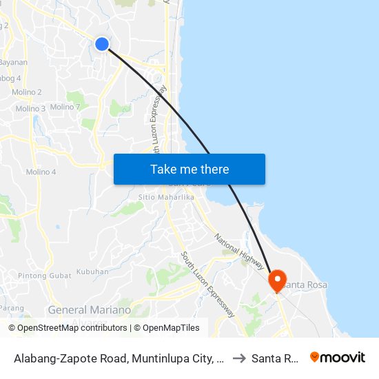 Alabang-Zapote Road, Muntinlupa City, Manila to Santa Rosa map