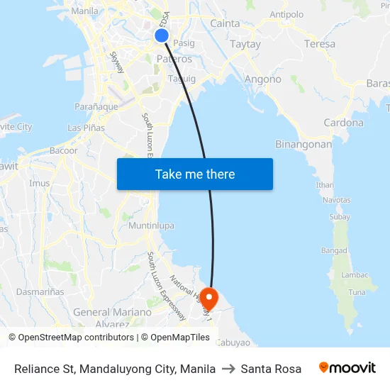 Reliance St, Mandaluyong City, Manila to Santa Rosa map