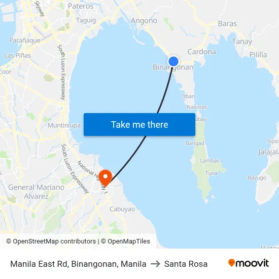 Manila East Rd, Binangonan, Manila to Santa Rosa map