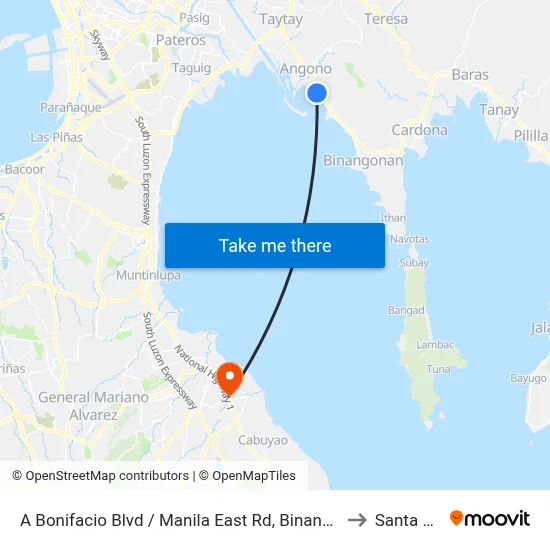A Bonifacio Blvd / Manila East Rd, Binangonan, Manila to Santa Rosa map