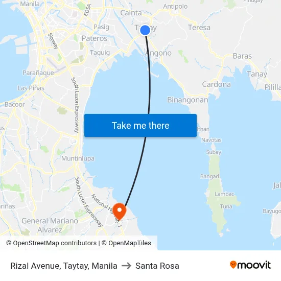 Rizal Avenue, Taytay, Manila to Santa Rosa map