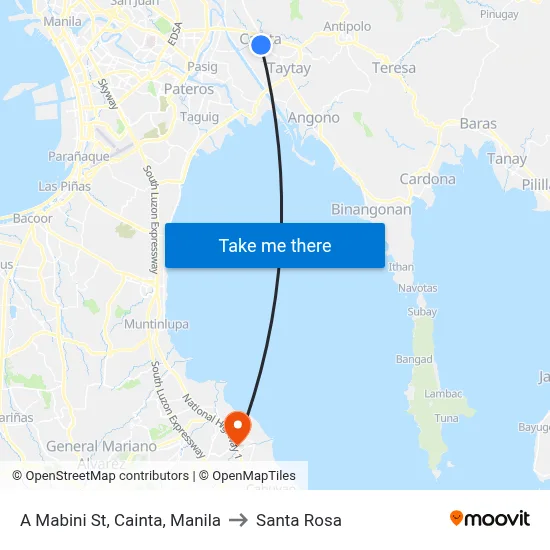 A Mabini St, Cainta, Manila to Santa Rosa map