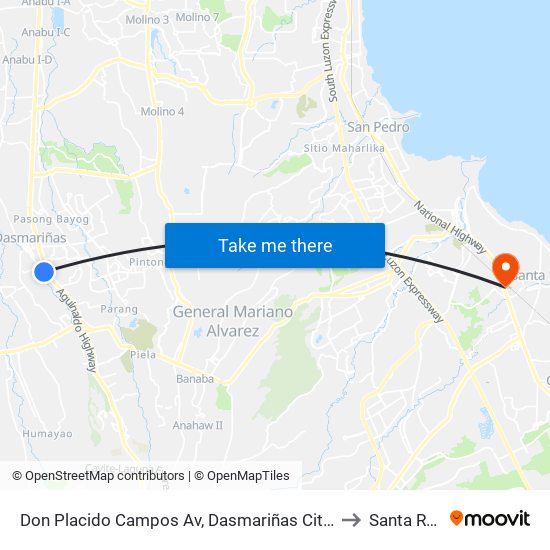 Don Placido Campos Av, Dasmariñas City, Manila to Santa Rosa map