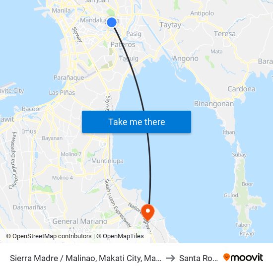 Sierra Madre / Malinao, Makati City, Manila to Santa Rosa map