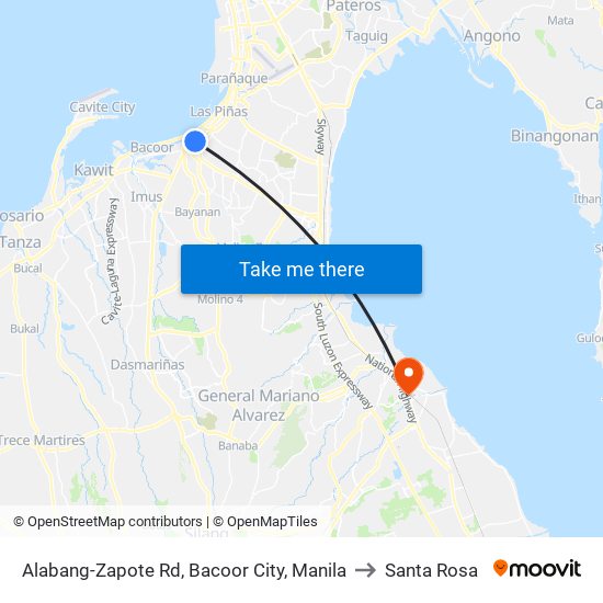 Alabang-Zapote Rd, Bacoor City, Manila to Santa Rosa map