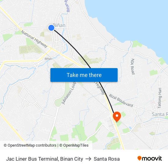 Jac Liner Bus Terminal, Binan City to Santa Rosa map