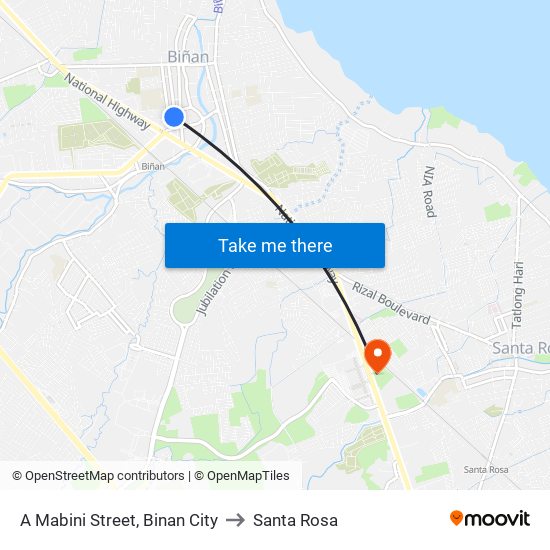 A Mabini Street, Binan City to Santa Rosa map