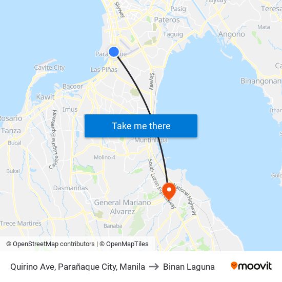 Quirino Ave, Parañaque City, Manila to Binan Laguna map