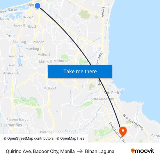 Quirino Ave, Bacoor City, Manila to Binan Laguna map