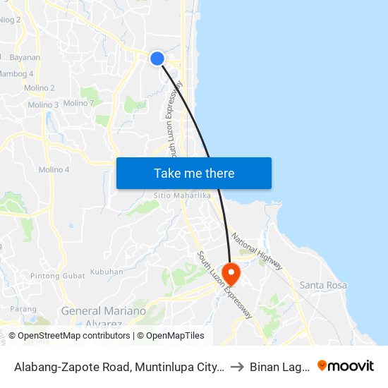 Alabang-Zapote Road, Muntinlupa City, Manila to Binan Laguna map