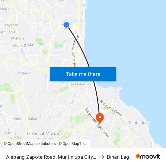 Alabang-Zapote Road, Muntinlupa City, Manila to Binan Laguna map