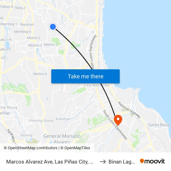 Marcos Alvarez Ave, Las Piñas City, Manila to Binan Laguna map