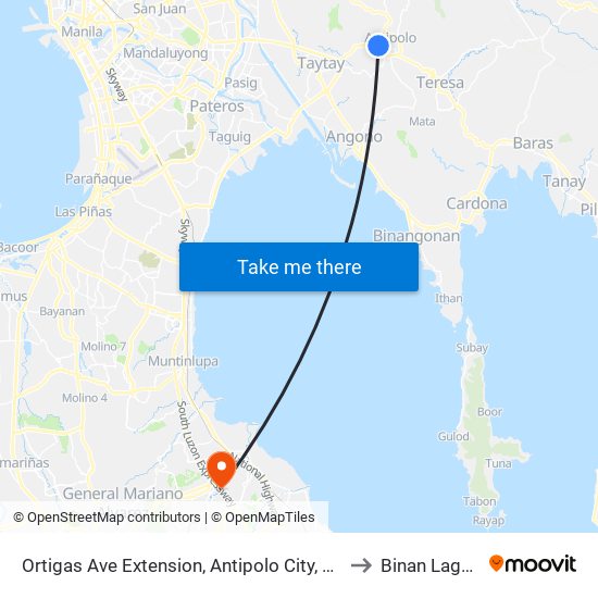 Ortigas Ave Extension, Antipolo City, Manila to Binan Laguna map