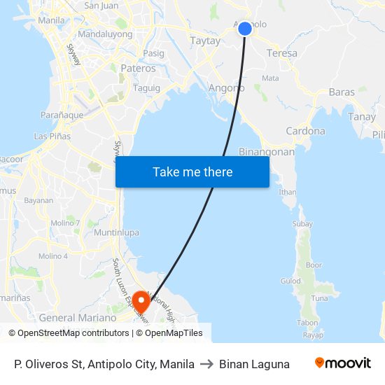 P. Oliveros St, Antipolo City, Manila to Binan Laguna map